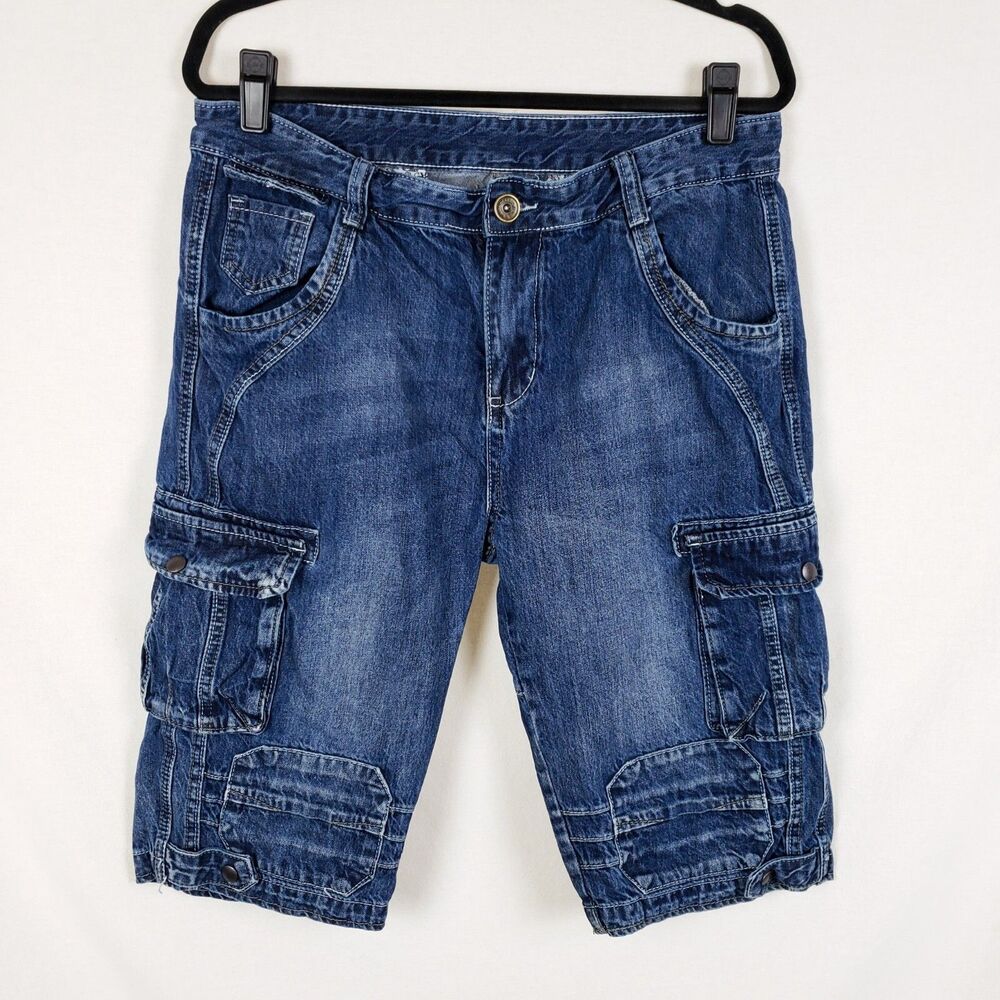 Denim Cargo Capri Jeans Womens 12 Baggy Y2K Unique Biker Moto Grunge Skater Blue